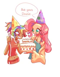 Size: 2722x3500 | Tagged: safe, artist:windywendy29, derpibooru import, fluttershy, rainbow dash, human, alternate hairstyle, belly button, birthday, birthday cake, cake, choker, clothes, coat, dark skin, duo, female, flutterdash, food, fork, gift art, grin, hat, humanized, image, lesbian, midriff, open mouth, party hat, png, shipping, shorts, simple background, smiling, sports shorts, tanktop, white background