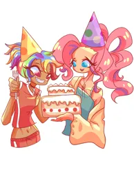 Size: 2333x3000 | Tagged: safe, artist:windywendy29, derpibooru import, pinkie pie, rainbow dash, human, alternate hairstyle, belly button, birthday, birthday cake, cake, choker, clothes, coat, dark skin, duo, female, food, fork, gift art, grin, hat, humanized, image, lesbian, midriff, open mouth, party hat, pinkiedash, png, shipping, shorts, simple background, smiling, sports shorts, tanktop, white background