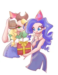 Size: 2333x3000 | Tagged: safe, artist:windywendy29, derpibooru import, applejack, rarity, human, alternate hairstyle, applejack's hat, belly button, birthday, birthday cake, birthday present, box, breasts, cake, cider, cider mug, clothes, cowboy hat, dress, duo, female, food, gift art, grin, hat, humanized, image, jewelry, lesbian, mug, necklace, party hat, png, present, rarijack, shipping, shirt, sideboob, simple background, skirt, smiling, white background