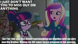 Size: 2000x1125 | Tagged: safe, anonymous editor, derpibooru import, edit, edited edit, edited screencap, editor:quoterific, screencap, princess cadance, sci-twi, twilight sparkle, human, equestria girls, friendship games, accessory, book, caption, closed mouth, clothes, crystal prep academy, crystal prep academy uniform, cutie mark, cutie mark on clothes, dean cadance, exclamation point, eyebrows, eyelashes, eyeshadow, g4, glasses, hairpin, image, implied inbreeding, implied incest, implied infidelity, implied pregnancy, implied shiningsparkle, implied shipping, implied straight, indoors, jacket, lamp, lipstick, makeup, meme, necktie, open door, open mouth, png, school uniform, schoolgirl, shirt, skirt, symbol, talking, text, text edit, vest, wall of tags