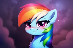 Size: 3072x2048 | Tagged: safe, derpibooru import, machine learning generated, novelai, stable diffusion, rainbow dash, pegasus, pony, abstract background, ai content, blushing, bust, cute, female, image, jpeg, lidded eyes, looking at you, mare, portrait, prompter:endless--, smiling, smiling at you, solo