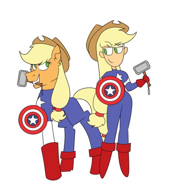 Size: 1100x1200 | Tagged: safe, artist:fuckomcfuck, artist:icicle-wicicle-1517, color edit, derpibooru import, edit, applejack, earth pony, pony, equestria girls, applejack's hat, boots, captain america, clothes, collaboration, colored, cosplay, costume, cowboy hat, crossover, duality, duo, female, gloves, grin, hammer, hat, hoof hold, image, looking at each other, looking at someone, mare, marvel, mjölnir, mouth hold, png, raised hoof, self paradox, self ponidox, shield, shoes, simple background, smiling, smirk, steve rogers, superhero, transparent background, war hammer, weapon