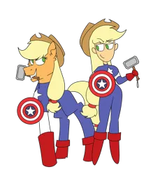 Size: 1100x1200 | Tagged: safe, artist:fuckomcfuck, artist:icicle-wicicle-1517, color edit, derpibooru import, edit, applejack, earth pony, pony, equestria girls, applejack's hat, boots, captain america, clothes, collaboration, colored, cosplay, costume, cowboy hat, crossover, duality, duo, female, gloves, grin, hammer, hat, hoof hold, image, looking at each other, looking at someone, mare, marvel, mjölnir, mouth hold, png, raised hoof, self paradox, self ponidox, shield, shoes, simple background, smiling, smirk, steve rogers, superhero, transparent background, war hammer, weapon