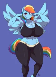 Size: 1631x2259 | Tagged: suggestive, artist:mrsakai, derpibooru import, rainbow dash, anthro, pegasus, abs, belly button, bicep flex, biceps, big breasts, blue background, breasts, busty rainbow dash, eyebrows, eyebrows visible through hair, female, flexing, huge breasts, image, jpeg, looking at you, midriff, muscles, rainbuff dash, seductive look, simple background, smiling, smiling at you, solo, solo female, spread wings, wide hips, wings