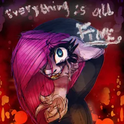 Size: 1280x1280 | Tagged: grimdark, artist:moodipone, derpibooru import, pinkie pie, earth pony, pony, chest fluff, clothes, crying, ear fluff, eyebrows, fake smile, fangs, hoodie, image, lying, makeup, open mouth, pinkamena diane pie, png, running makeup, smiling, solo, straight hair, talking