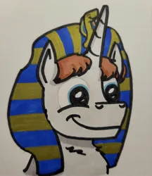 Size: 1773x2048 | Tagged: safe, artist:hoofclid, derpibooru import, oc, oc:hoofclid, unofficial characters only, pony, unicorn, bust, image, jpeg, male, pharaoh, smiling, solo, stallion, traditional art