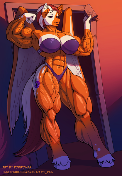 Size: 832x1200 | Tagged: suggestive, artist:porirompa, derpibooru import, oc, oc:eleftheria, unofficial characters only, anthro, pegasus, unguligrade anthro, abs, bicep, bikini, breasts, busty oc, clothes, commission, doorway, female, flexing, image, lidded eyes, looking at you, muscles, muscular female, png, pose, signature, solo, solo female, swimsuit, vein bulge