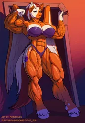 Size: 832x1200 | Tagged: suggestive, artist:porirompa, derpibooru import, oc, oc:eleftheria, unofficial characters only, anthro, pegasus, unguligrade anthro, abs, bicep, bikini, breasts, busty oc, clothes, commission, doorway, female, flexing, image, lidded eyes, looking at you, muscles, muscular female, png, pose, signature, solo, solo female, swimsuit, vein bulge