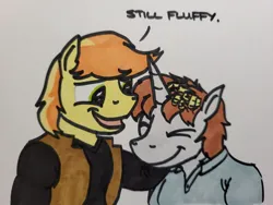 Size: 2048x1536 | Tagged: safe, artist:hoofclid, derpibooru import, braeburn, oc, oc:hoofclid, anthro, earth pony, unicorn, canon x oc, dialogue, eyes closed, gay, head pat, image, jpeg, male, pat, shipping, smiling, traditional art