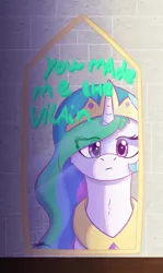 Size: 1899x3180 | Tagged: safe, artist:morrigun, derpibooru import, princess celestia, alicorn, pony, crown, derpibooru exclusive, eyes open, female, horn, image, implied princess luna, jewelry, mare, mirror, png, reflection, regalia, signature, solo, text