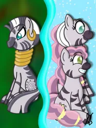 Size: 1620x2160 | Tagged: safe, artist:jesslmc16, derpibooru import, zecora, pony, zebra, g5, black and white, braces, cutie mark, duo focus, ear piercing, earring, female, filly, foal, gold, grayscale, image, jewelry, mare, mariama, monochrome, mother and child, mother and daughter, piercing, png, sitting, skye, smiling, sparkles, stripes, trio, two sides