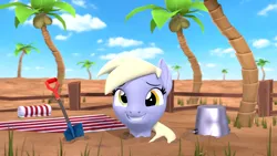 Size: 3840x2160 | Tagged: safe, artist:owlpirate, derpibooru import, derpy hooves, pegasus, pony, 3d, 4k, beach, bucket, buried, grin, high res, image, looking at you, palm tree, png, sand, smiling, smiling at you, solo, source filmmaker, tree, trowel