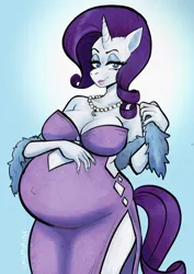 Size: 1170x1650 | Tagged: safe, artist:alphakate951, derpibooru import, rarity, anthro, breasts, clothes, dress, fur scarf, image, jewelry, jpeg, lipstick, necklace, pearl necklace, preggity, pregnant, scarf, seductive look
