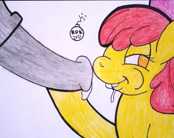 Size: 555x439 | Tagged: explicit, artist:rdk, apple bloom, pony, age difference, blowjob, cum, cutie mark crusaders, dripping, dripping cum, female, filly, foalcon, image, jpeg, male, nudity, oral, penis, sex, stallion, stallion on filly, straight, traditional art, underage