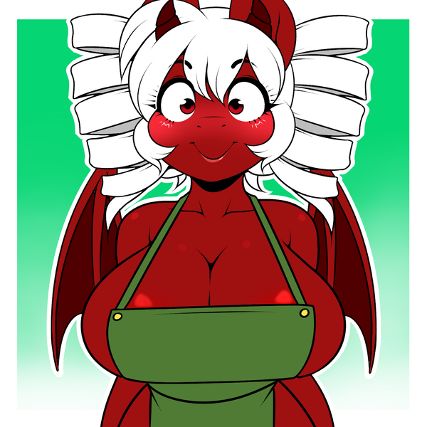 Size: 1500x1500 | Tagged: questionable, artist:kloudmutt, derpibooru import, oc, oc:chilly pepper, unofficial characters only, anthro, dragon, hybrid, unicorn, apron, areola, areola slip, big breasts, blushing, breasts, cleavage, clothes, curled hair, female, gradient background, horns, huge breasts, image, looking at you, membranous wings, naked apron, occ:hilly pepper, partial nudity, png, red eyes, smiling, solo, solo female, white hair, wide eyed, wings