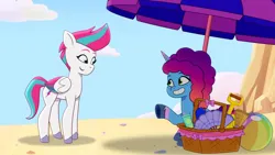 Size: 3072x1727 | Tagged: safe, derpibooru import, screencap, zipp storm, pegasus, pony, unicorn, g5, my little pony: tell your tale, spoiler:g5, spoiler:my little pony: tell your tale, spoiler:tyts01e57, beach, duo, duo female, female, grin, hot day huh?, image, jpeg, mare, misty brightdawn, rebirth misty, smiling