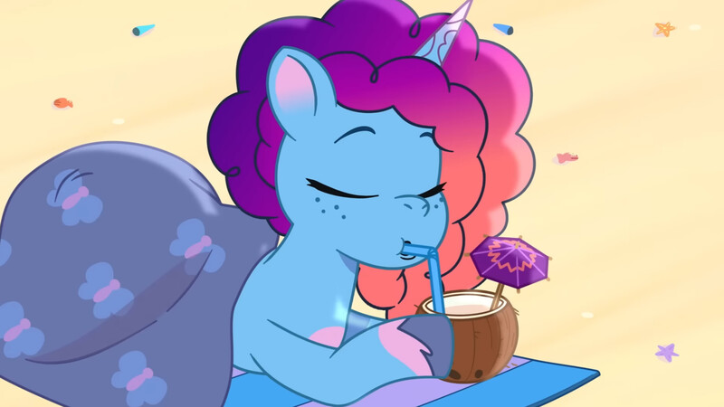 Size: 3072x1727 | Tagged: safe, derpibooru import, screencap, pony, unicorn, g5, my little pony: tell your tale, spoiler:g5, spoiler:my little pony: tell your tale, spoiler:tyts01e57, beach, coconut, drink, drinking, eyes closed, female, food, hot day huh?, image, jpeg, mare, misty brightdawn, rebirth misty, solo