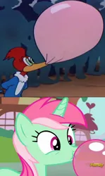 Size: 572x957 | Tagged: safe, derpibooru import, edit, screencap, minty bubblegum, bird, pony, unicorn, on your marks, season 6, 50s, bubblegum, comparison, cute, discovery family, discovery family logo, female, food, g4, gum, image, logo, male, mare, png, ponyville, the great who-dood-it, walter lantz, woodpecker, woody woodpecker, woody woodpecker (series)