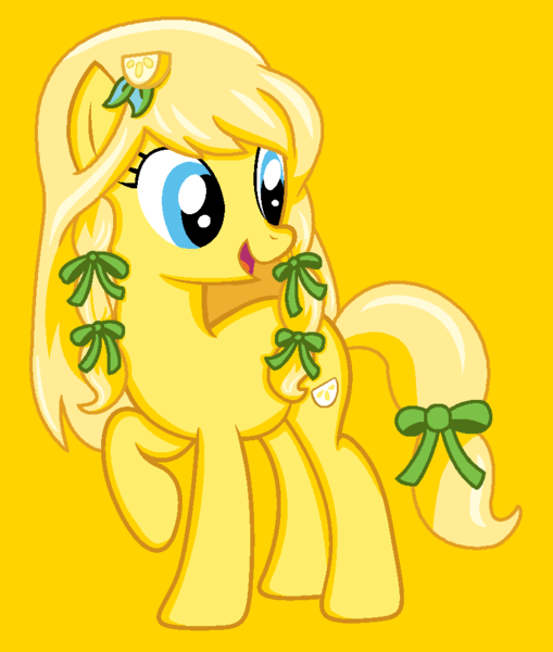 Size: 831x980 | Tagged: safe, artist:fantasygirls56, derpibooru import, ponified, earth pony, pony, 2009, base used, female, food, g4, image, lemon, lemon meringue (strawberry shortcake), mare, png, raised hoof, raised leg, simple background, solo, strawberry shortcake, strawberry shortcake's berry bitty adventures, yellow background