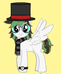 Size: 420x507 | Tagged: safe, artist:kruvvv, derpibooru import, oc, oc:kruv, unofficial characters only, pegasus, pony, pony creator, clothes, glasses, hat, image, looking at you, multicolored hair, multicolored mane, pegasus oc, png, round glasses, scarf, simple background, solo, spread wings, turquoise eyes, watch, white mane, wings, wristwatch, yellow background