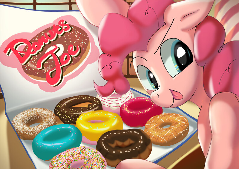 Size: 3508x2480 | Tagged: safe, artist:neoshrek, derpibooru import, pinkie pie, earth pony, pony, colored, curly mane, donut, food, high res, image, jpeg, licking, licking lips, looking back, solo, sprinkles, text, tongue out