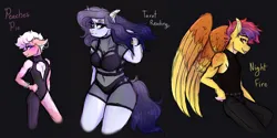 Size: 4000x2000 | Tagged: safe, artist:periwinklechick, derpibooru import, oc, oc:night fire, oc:peaches à la mode, oc:tarot reading, unofficial characters only, anthro, earth pony, pegasus, pony, unicorn, belly button, black background, breasts, cleavage, ear piercing, female, femboy, high res, image, looking at you, magical lesbian spawn, male, mare, nose piercing, nose ring, offspring, parent:cheese sandwich, parent:inky rose, parent:lily lace, parent:moondancer, parent:pinkie pie, parent:spitfire, parents:cheesepie, parents:inky lace, piercing, png, simple background, stallion, trio