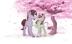 Size: 4000x2434 | Tagged: safe, artist:helmie-art, derpibooru import, oc, oc:whirlwind flux, pony, unicorn, coat markings, duo, female, height difference, hoof on chest, hooves, image, looking at each other, looking at someone, male, mare, my little pony, nose to nose, outdoors, png, socks (coat marking), stallion, sternocleidomastoid, unshorn fetlocks