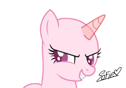 Size: 2221x1546 | Tagged: safe, artist:siti shafiyyah, artist:tanahgrogot, derpibooru import, oc, oc:annisa trihapsari, pony, unicorn, bald, base, evil grin, female, grin, gritted teeth, heart, image, looking at you, mare, png, signature, simple background, smiling, smiling at you, solo, teeth, transparent background