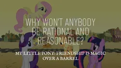 Size: 1920x1080 | Tagged: safe, derpibooru import, edit, edited screencap, editor:quoterific, screencap, applejack, fluttershy, rarity, twilight sparkle, unicorn, over a barrel, appleloosa, hay bale, image, png, train tracks, unicorn twilight