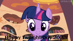Size: 520x293 | Tagged: safe, derpibooru import, screencap, twilight sparkle, twilight sparkle (alicorn), alicorn, season 4, twilight time, animated, gif, golden oaks library, image, library, text