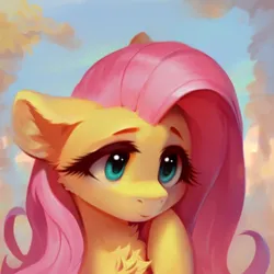 Size: 768x768 | Tagged: safe, derpibooru import, machine learning generated, stable diffusion, fluttershy, pegasus, pony, ai content, big eyes, detailed, ear fluff, fluffy, generator:purplesmart.ai, green eyes, image, pink mane, png, prompter:saltyvity, simple background, sky, smiley face, smiling, solo