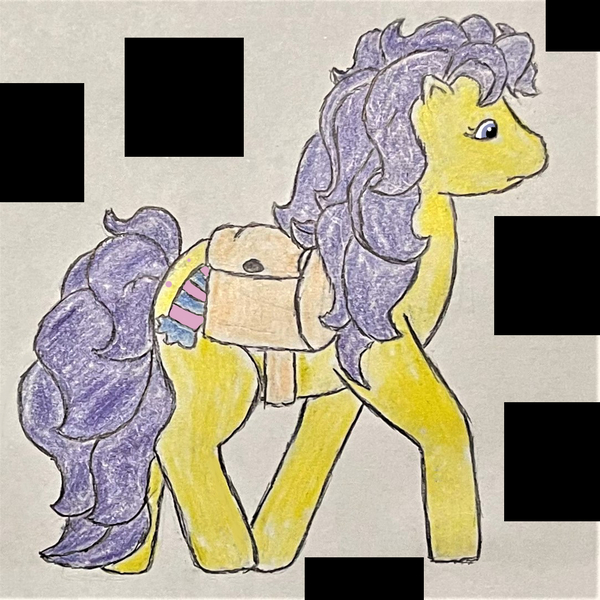 Size: 1083x1083 | Tagged: safe, artist:peacepetal, derpibooru import, bon bon, bon bon (g1), sweetie drops, earth pony, pony, g1, my little pony tales, adorabon, april fools, bag, cute, female, filly, image, jpeg, messy mane, messy tail, pixel art, pixelated, r/place, r/place2023, reddit, saddle bag, show accurate, simple background, solo, tail, traditional art