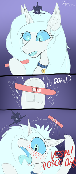 Size: 1668x3791 | Tagged: safe, derpibooru import, oc, oc:grazia, changeling, blushing, image, italian, panic, png, pregnancy test, pregnant