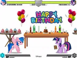 Size: 1080x810 | Tagged: safe, derpibooru import, applejack, fluttershy, pinkie pie, rainbow dash, rarity, twilight sparkle, fighting is magic, balloon, cake, candle, candy, coke, crush orange, cupcake, drink, fan, fan game, food, game, happy birthday, image, jpeg, mane six, mountain dew, new, party, room, soda, stage