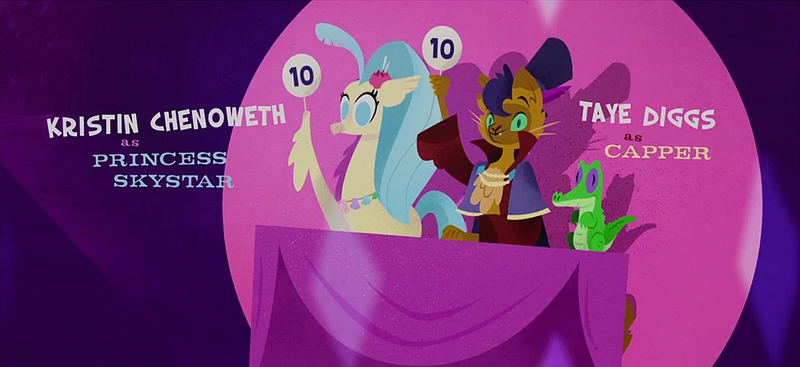 Size: 1244x571 | Tagged: safe, derpibooru import, edit, edited screencap, editor:incredibubbleirishguy, screencap, capper dapperpaws, gummy, princess skystar, abyssinian, alligator, hippogriff, my little pony: the movie, credits, image, kristin chenoweth, png, taye diggs