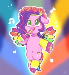 Size: 2009x2160 | Tagged: safe, artist:limitmj, derpibooru import, pipp petals, pegasus, pony, g5, adorapipp, bridlewoodstock, cute, female, high res, image, lights, mare, microphone, music notes, png, singing, solo