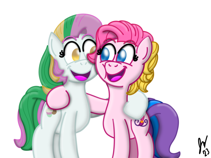 Size: 2160x1620 | Tagged: safe, artist:jesslmc16, derpibooru import, coconut cream, toola roola, earth pony, pony, fame and misfortune, friendship is magic, g3, best friends, digital art, duo, duo female, female, full body, g4, grin, hug, hugging a pony, image, looking at each other, looking at someone, mare, png, signature, simple background, smiling, smiling at each other, squishy, squishy cheeks, white background