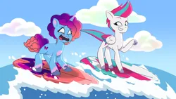 Size: 3072x1727 | Tagged: safe, derpibooru import, screencap, zipp storm, pegasus, pony, unicorn, g5, my little pony: tell your tale, spoiler:g5, spoiler:my little pony: tell your tale, spoiler:tyts01e57, duo, duo female, eyebrows, female, grin, hot day huh?, image, jpeg, mare, misty brightdawn, open mouth, raised eyebrow, rebirth misty, smiling, surfboard