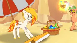 Size: 3072x1727 | Tagged: safe, derpibooru import, screencap, unnamed character, pegasus, pony, unicorn, g5, my little pony: tell your tale, spoiler:g5, spoiler:my little pony: tell your tale, spoiler:tyts01e57, beach, coconut, female, flare (g5), food, hot day huh?, image, jpeg, magic, male, mare, muffin top (g5), smiling, stallion, sunglasses, telekinesis
