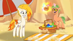 Size: 3072x1727 | Tagged: safe, derpibooru import, screencap, unnamed character, pegasus, pony, unicorn, g5, my little pony: tell your tale, spoiler:g5, spoiler:my little pony: tell your tale, spoiler:tyts01e57, beach, coconut, female, flare (g5), food, grin, hot day huh?, image, jpeg, magic, male, mare, muffin top (g5), open mouth, open smile, smiling, stallion, sunglasses, telekinesis