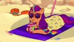 Size: 3072x1727 | Tagged: safe, derpibooru import, screencap, sunny starscout, earth pony, pony, g5, my little pony: tell your tale, spoiler:g5, spoiler:my little pony: tell your tale, spoiler:tyts01e57, beach, drink, drinking, female, hot day huh?, image, jpeg, mare, smoothie, solo, sunglasses