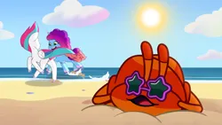 Size: 3072x1727 | Tagged: safe, derpibooru import, screencap, zipp storm, crab, pegasus, pony, unicorn, g5, my little pony: tell your tale, spoiler:g5, spoiler:my little pony: tell your tale, spoiler:tyts01e57, beach, cute, female, hot day huh?, image, jpeg, male, mare, mcsnips-a-lot, misty brightdawn, mistybetes, open mouth, open smile, rebirth misty, running, smiling, sunglasses, trio