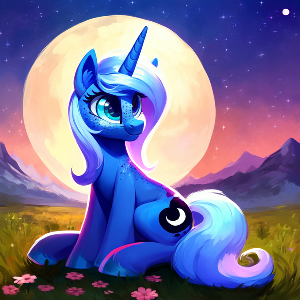 Size: 1024x1024 | Tagged: safe, derpibooru import, edit, editor:epsilonwolf, machine learning assisted, machine learning generated, stable diffusion, princess luna, pony, unicorn, ai content, cute, female, freckles, generator:purplesmart.ai, grass, grass field, happy, horn, image, looking away, lunabetes, meadow, moon, mountain, night, outdoors, png, prompter:epsilonwolf, s1 luna, sitting, smiling, solo, wingless