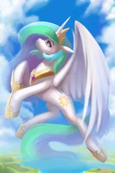 Size: 1439x2160 | Tagged: safe, artist:caddea, artist:caddeaartsfw, derpibooru import, princess celestia, alicorn, pony, beautiful, cloud, crown, digital art, ethereal mane, ethereal tail, eyelashes, feather, female, flowing mane, flowing tail, flying, gem, hoof shoes, horn, image, jewelry, jpeg, looking up, mare, ocean, peytral, purple eyes, regalia, sky, solo, spread wings, starry mane, starry tail, stars, tail, water, wings