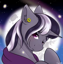 Size: 1964x1996 | Tagged: safe, artist:monsoonvisionz, derpibooru import, pony, unicorn, tails of equestria, bashful, blushing, bust, cloak, clothes, cute, ear piercing, earring, female, image, jewelry, looking at you, mare, moon, moonbeam (character), night, night sky, no source available, piercing, png, portrait, sky