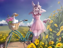 Size: 2000x1539 | Tagged: safe, artist:caddea, derpibooru import, oc, unofficial characters only, anthro, bird, duck, earth pony, anthro oc, bicycle, clothes, commission, dress, earth pony oc, female, field, flower, image, jpeg, meadow, nature, open mouth, open smile, outdoors, smiling, solo, ych result