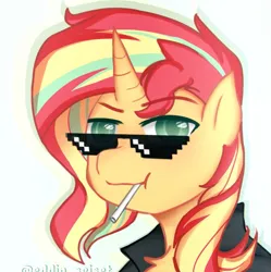Size: 1021x1024 | Tagged: safe, artist:eddin_sciset, derpibooru import, sunset shimmer, pony, unicorn, candy, clothes, female, food, image, jacket, leather, leather jacket, lollipop, looking at you, png, solo, sunglasses