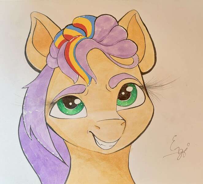 Size: 1761x1595 | Tagged: safe, artist:engi, derpibooru import, sunny starscout, earth pony, pony, g5, female, image, jpeg, looking at you, mare, simple background, smiling, smiling at you, solo, traditional art, watercolor painting