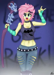 Size: 2975x4092 | Tagged: safe, artist:lennondash, derpibooru import, fluttershy, human, equestria girls, equestria girls series, the road less scheduled, the road less scheduled: fluttershy, spoiler:eqg series (season 2), alternate hairstyle, belt, boots, breasts, choker, cleavage, clothes, denim, devil horn (gesture), evening gloves, eyeshadow, fingerless elbow gloves, fingerless gloves, flutterpunk, gloves, hairpin, image, jeans, jpeg, lipstick, long gloves, makeup, midriff, pants, ripped jeans, ripped pants, shoes, short shirt, solo, staff, studded choker, tongue out, torn clothes