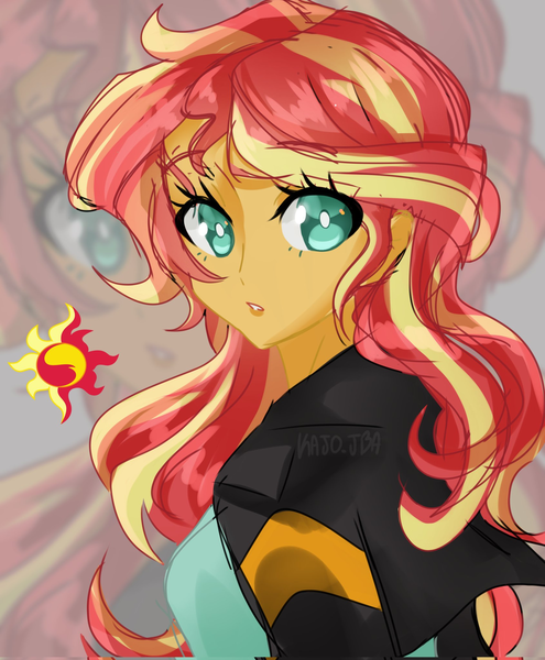 Size: 1691x2048 | Tagged: safe, artist:kajojba, derpibooru import, sunset shimmer, equestria girls, beautiful, beautiful eyes, blouse, clothes, colored, complex background, cute, cutie mark, female, image, jacket, looking at you, looking back, looking back at you, manga style, png, pursed lips, shimmerbetes, signature, solo